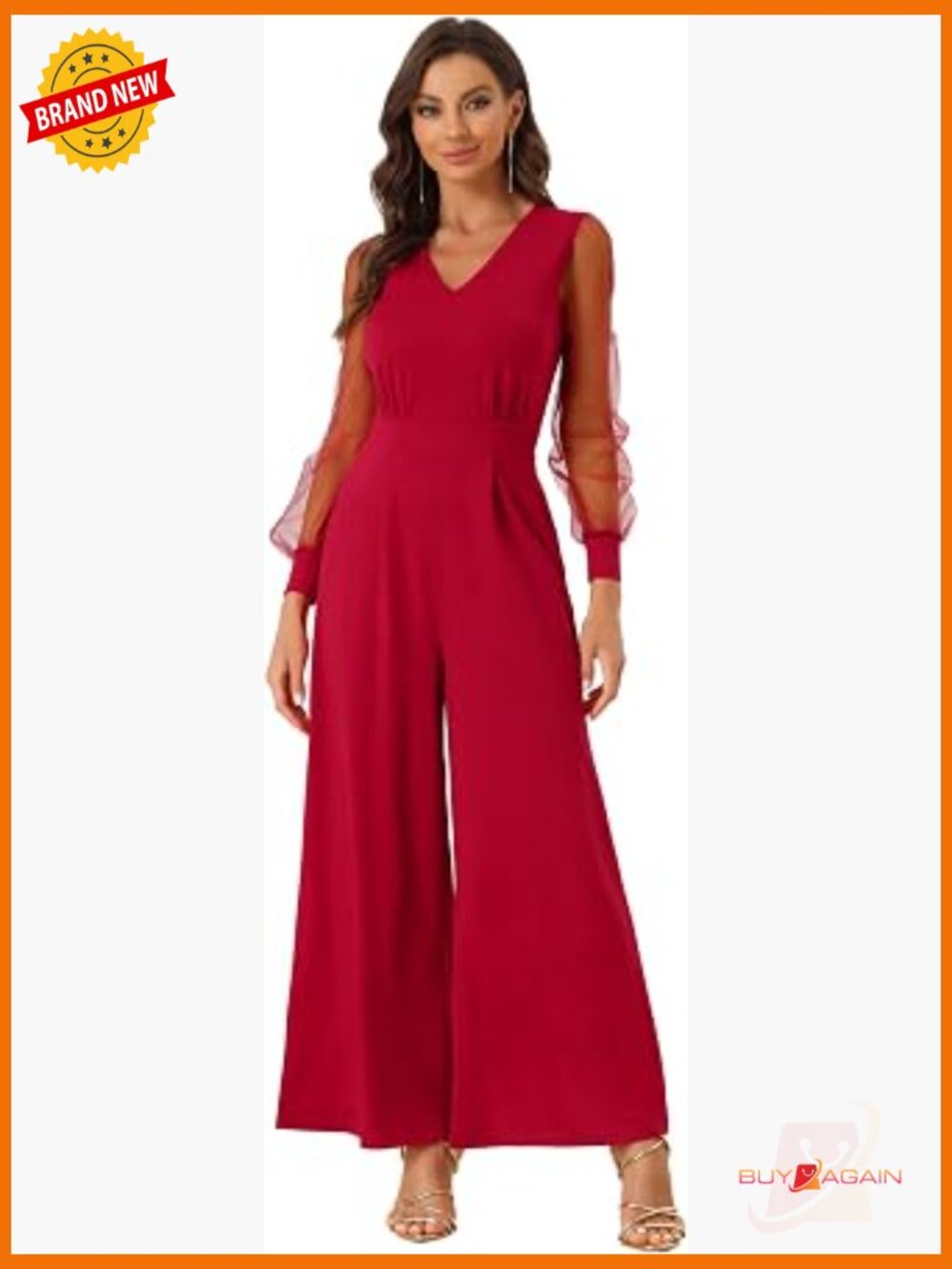 V Neck Mesh Long Sleeve Wide Leg Romper Party Jumpsuit
